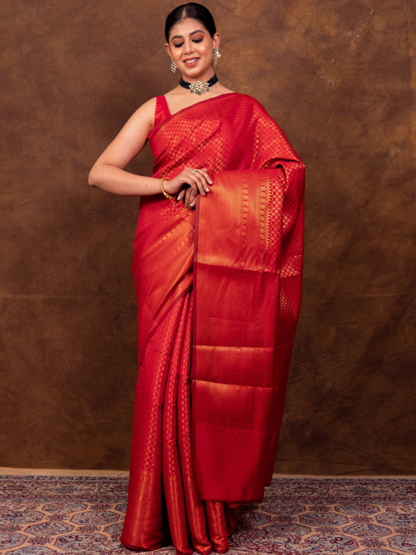Scarlet Red Banarasi Soft Silk Saree Tanchoi Pattern with Copper Zari