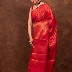 Scarlet Red Banarasi Soft Silk Saree Tanchoi Pattern with Copper Zari