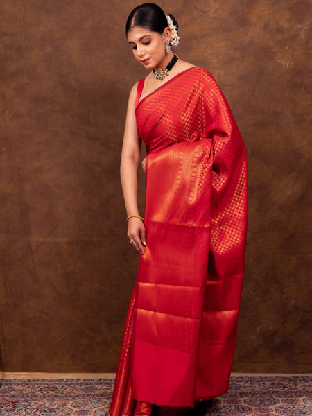 Scarlet Red Banarasi Soft Silk Saree Tanchoi Pattern with Copper Zari