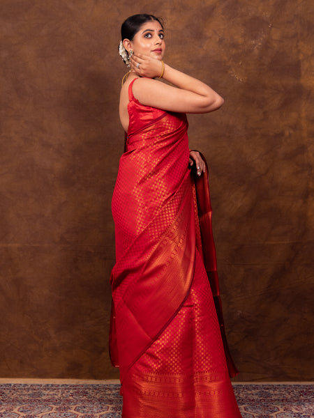 Scarlet Red Banarasi Soft Silk Saree Tanchoi Pattern with Copper Zari