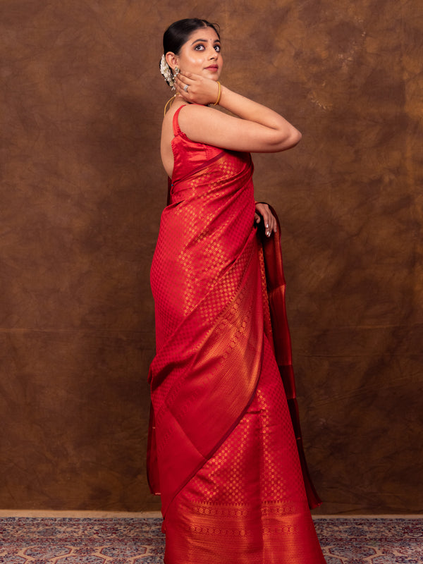 Scarlet Red Banarasi Soft Silk Saree Tanchoi Pattern with Copper Zari