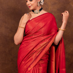 Scarlet Red Banarasi Soft Silk Saree Tanchoi Pattern with Copper Zari