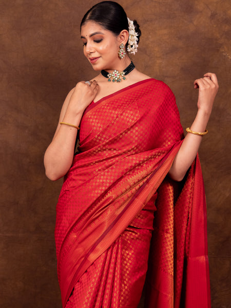 Scarlet Red Banarasi Soft Silk Saree Tanchoi Pattern with Copper Zari