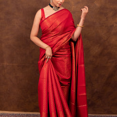 Scarlet Red Banarasi Soft Silk Saree Tanchoi Pattern with Copper Zari