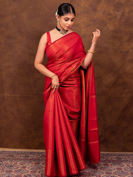 Scarlet Red Banarasi Soft Silk Saree Tanchoi Pattern with Copper Zari