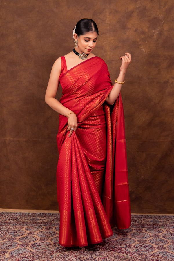 Scarlet Red Banarasi Soft Silk Saree Tanchoi Pattern with Copper Zari