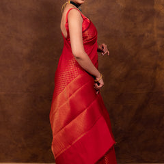 Scarlet Red Banarasi Soft Silk Saree Tanchoi Pattern with Copper Zari