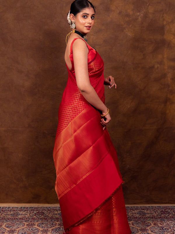 Scarlet Red Banarasi Soft Silk Saree Tanchoi Pattern with Copper Zari