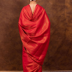 Scarlet Red Banarasi Soft Silk Saree Tanchoi Pattern with Copper Zari