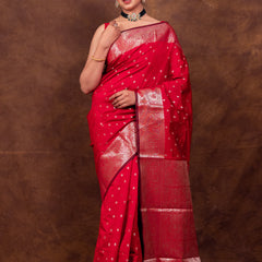Rose Red Gorgeous Banarasi Soft Silk Saree with Intricate Gold Zari Work