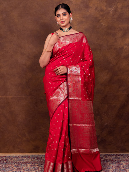 Rose Red Gorgeous Banarasi Soft Silk Saree with Intricate Gold Zari Work