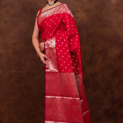 Rose Red Gorgeous Banarasi Soft Silk Saree with Intricate Gold Zari Work