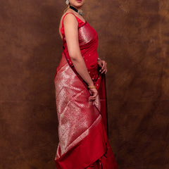 Rose Red Gorgeous Banarasi Soft Silk Saree with Intricate Gold Zari Work