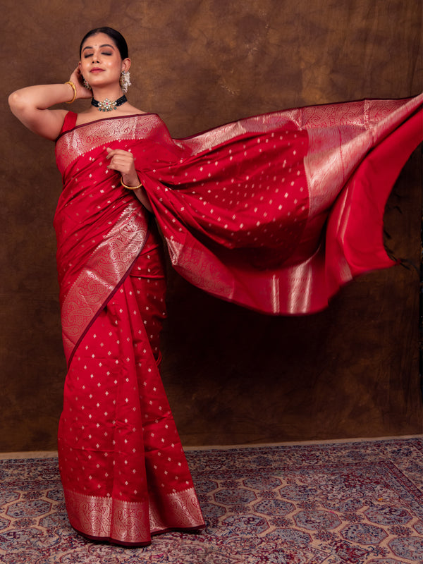 Rose Red Gorgeous Banarasi Soft Silk Saree with Intricate Gold Zari Work