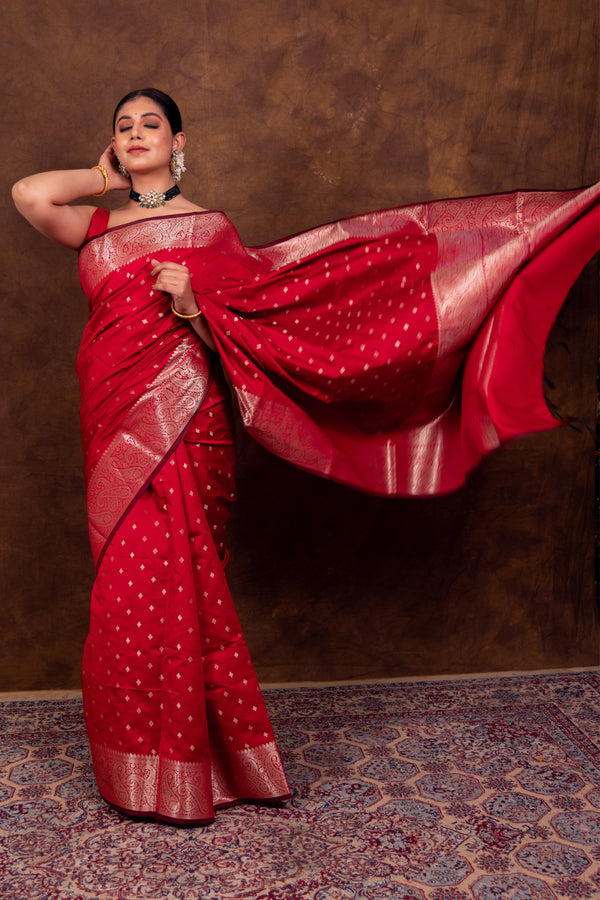 Rose Red Gorgeous Banarasi Soft Silk Saree with Intricate Gold Zari Work