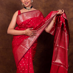 Rose Red Gorgeous Banarasi Soft Silk Saree with Intricate Gold Zari Work