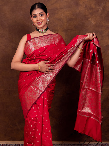 Rose Red Gorgeous Banarasi Soft Silk Saree with Intricate Gold Zari Work