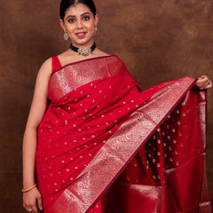 Rose Red Gorgeous Banarasi Soft Silk Saree with Intricate Gold Zari Work