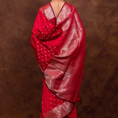 Rose Red Gorgeous Banarasi Soft Silk Saree with Intricate Gold Zari Work