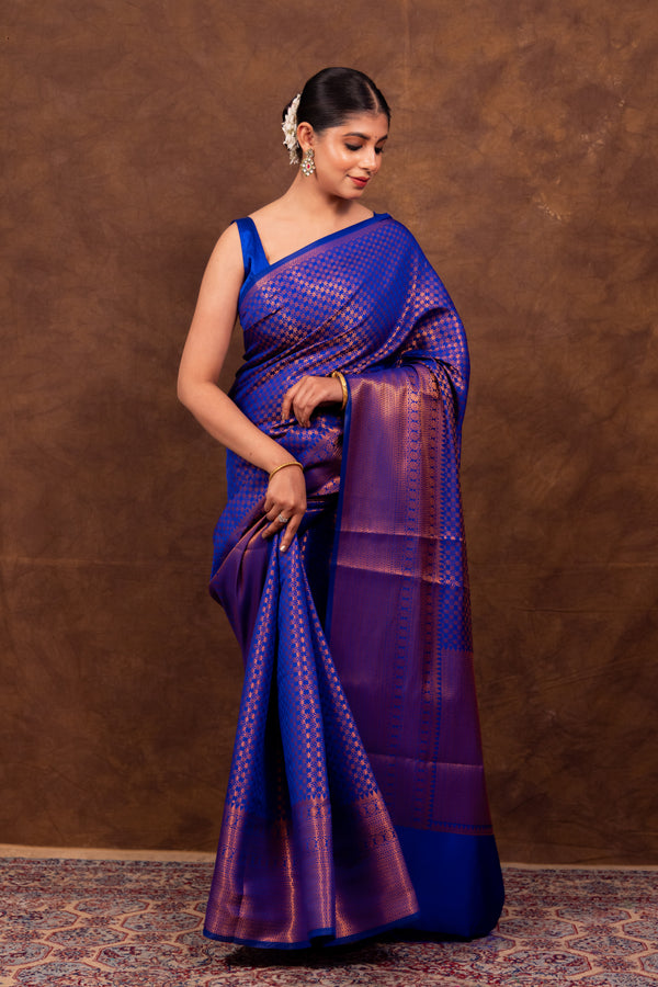 Royal Blue Banarasi Soft Silk Saree Tanchoi Pattern with Copper Zari