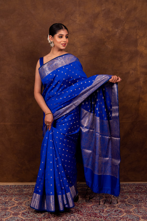 Navy Blue Gorgeous Banarasi Soft Silk Saree with Intricate Gold Zari Work