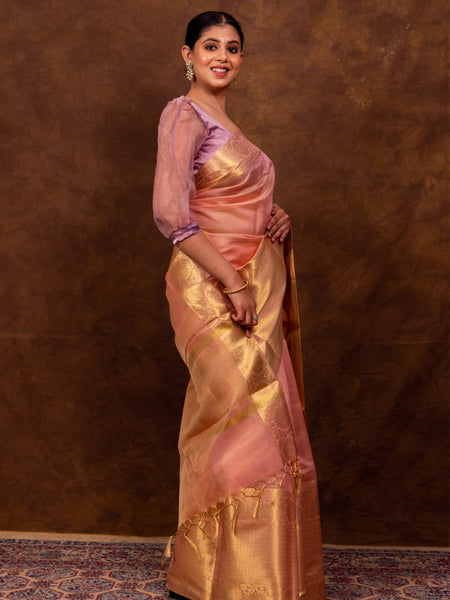 Coral Pink Banarasi Soft Tissue Silk Saree | Easy To Drape & Pleat
