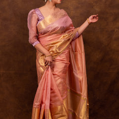 Coral Pink Banarasi Soft Tissue Silk Saree | Easy To Drape & Pleat