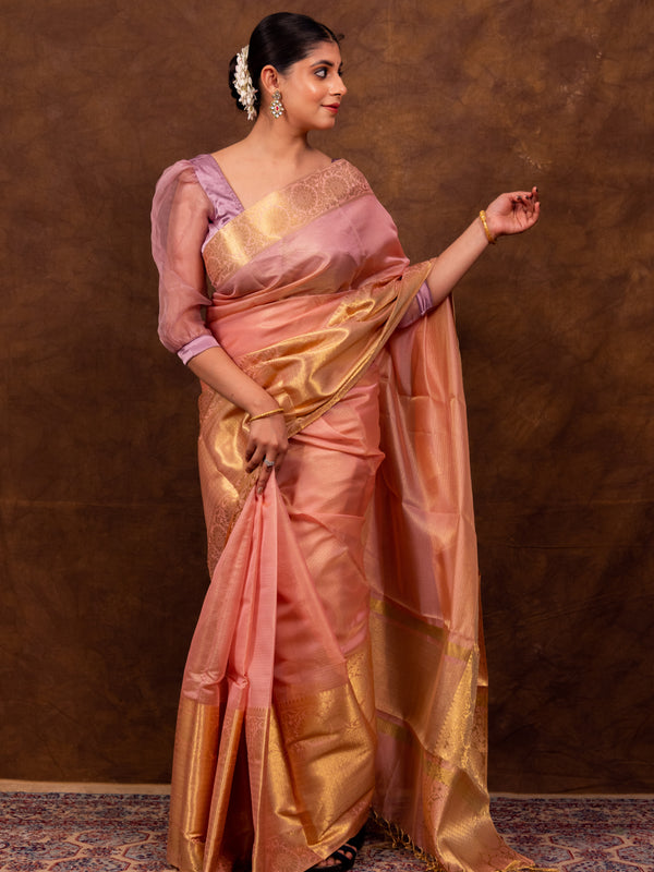 Coral Pink Banarasi Soft Tissue Silk Saree | Easy To Drape & Pleat