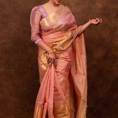 Coral Pink Banarasi Soft Tissue Silk Saree | Easy To Drape & Pleat