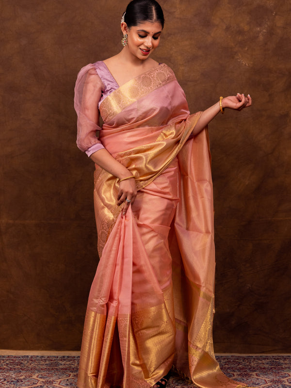 Coral Pink Banarasi Soft Tissue Silk Saree | Easy To Drape & Pleat