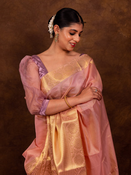 Coral Pink Banarasi Soft Tissue Silk Saree | Easy To Drape & Pleat