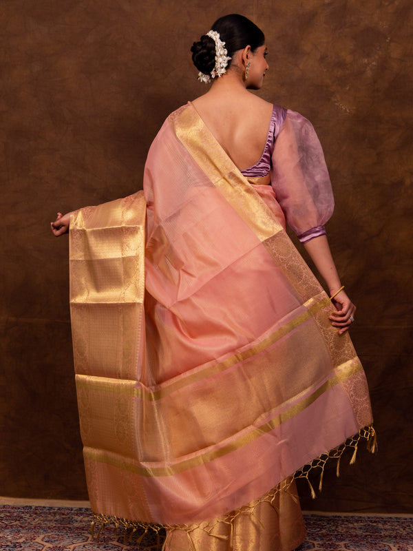 Coral Pink Banarasi Soft Tissue Silk Saree | Easy To Drape & Pleat