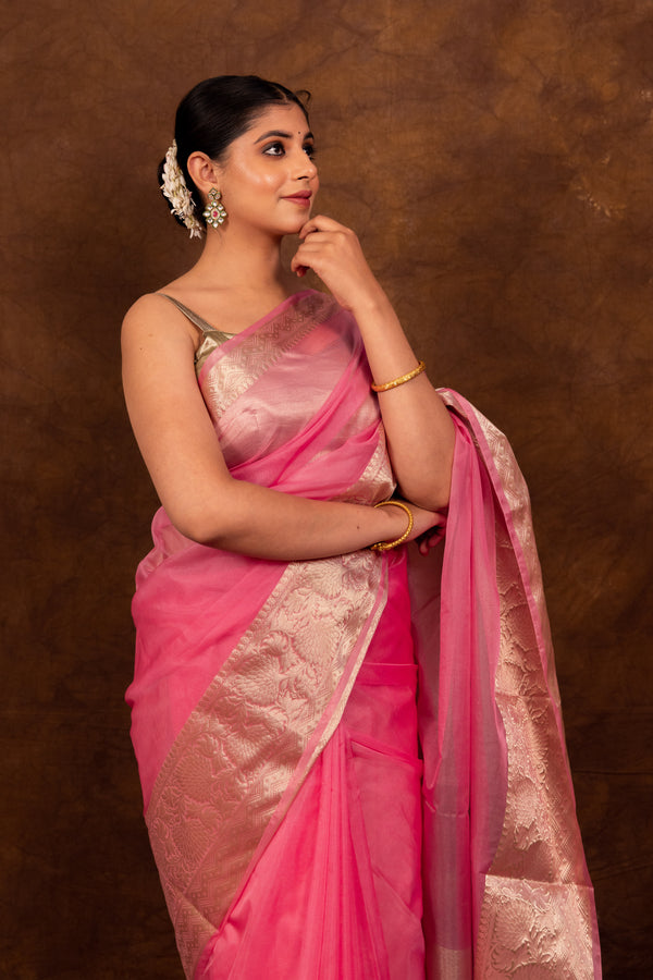 Baby Pink Banarasi Soft Organza Skirt Border Saree | Elegant & Beautiful