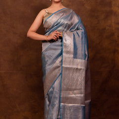 Firozi Blue Banarasi Authentic Soft Tissue Silk Saree with Rich Pallu Woven Design