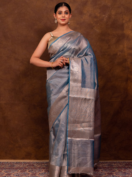 Firozi Blue Banarasi Authentic Soft Tissue Silk Saree with Rich Pallu Woven Design