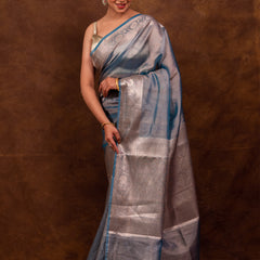 Firozi Blue Banarasi Authentic Soft Tissue Silk Saree with Rich Pallu Woven Design