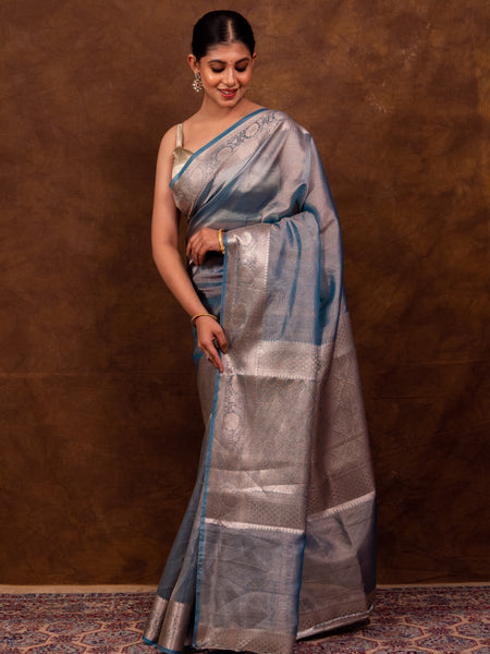 Firozi Blue Banarasi Authentic Soft Tissue Silk Saree with Rich Pallu Woven Design