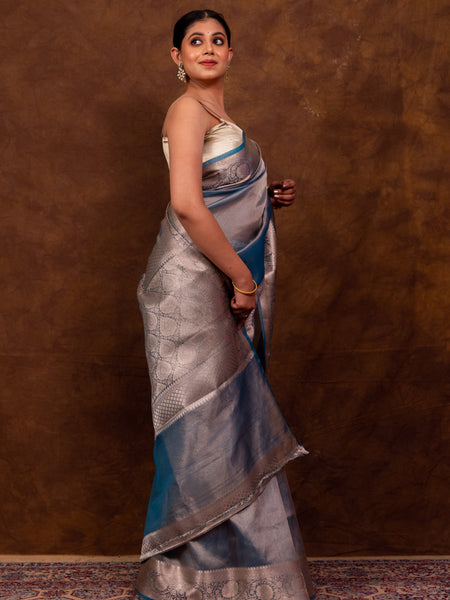 Firozi Blue Banarasi Authentic Soft Tissue Silk Saree with Rich Pallu Woven Design