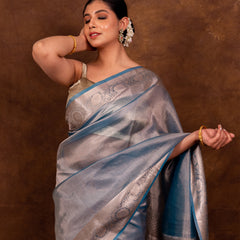 Firozi Blue Banarasi Authentic Soft Tissue Silk Saree with Rich Pallu Woven Design