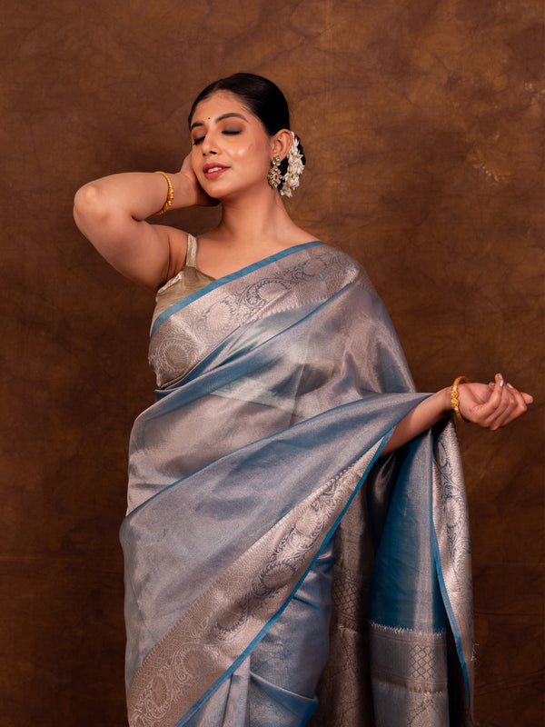 Firozi Blue Banarasi Authentic Soft Tissue Silk Saree with Rich Pallu Woven Design