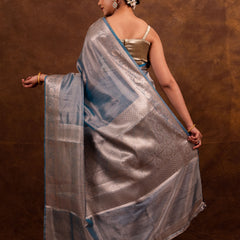 Firozi Blue Banarasi Authentic Soft Tissue Silk Saree with Rich Pallu Woven Design
