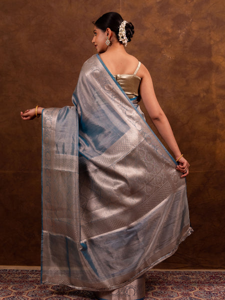Firozi Blue Banarasi Authentic Soft Tissue Silk Saree with Rich Pallu Woven Design