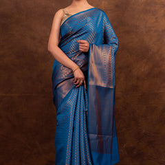 Peacock Blue Banarasi Soft Silk Saree Tanchoi Pattern with Copper Zari