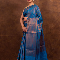 Peacock Blue Banarasi Soft Silk Saree Tanchoi Pattern with Copper Zari