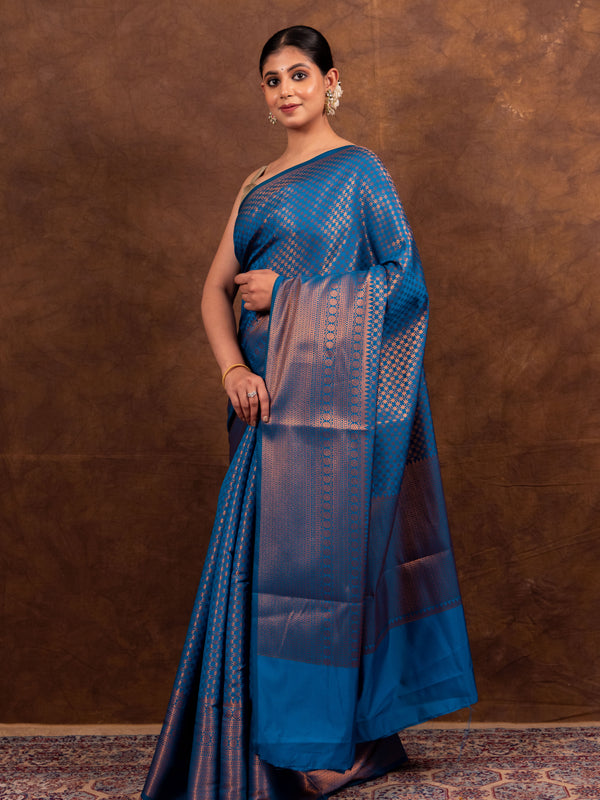Peacock Blue Banarasi Soft Silk Saree Tanchoi Pattern with Copper Zari
