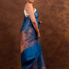 Peacock Blue Banarasi Soft Silk Saree Tanchoi Pattern with Copper Zari