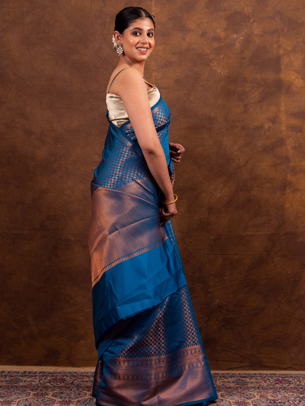 Peacock Blue Banarasi Soft Silk Saree Tanchoi Pattern with Copper Zari