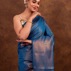Peacock Blue Banarasi Soft Silk Saree Tanchoi Pattern with Copper Zari