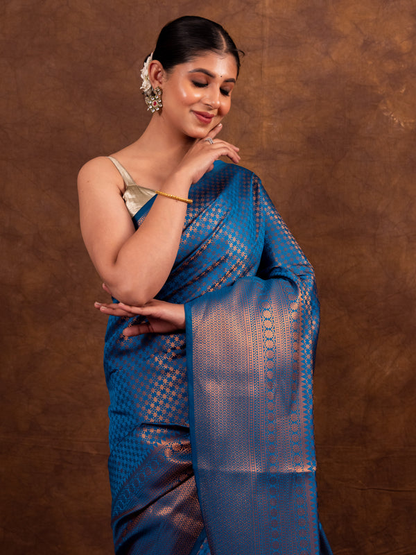 Peacock Blue Banarasi Soft Silk Saree Tanchoi Pattern with Copper Zari