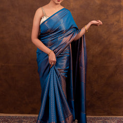 Peacock Blue Banarasi Soft Silk Saree Tanchoi Pattern with Copper Zari